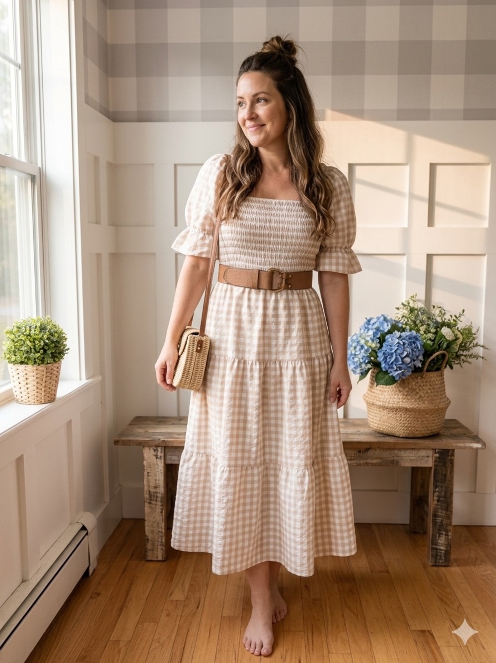 Beige Gingham Smocked Midi Dress with Puff Sleeves Small